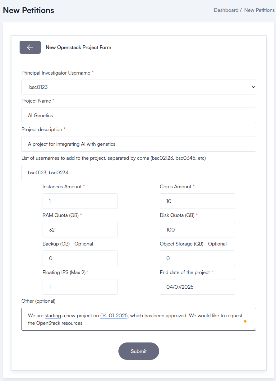 _Screenshot: Select Request new openstack project_