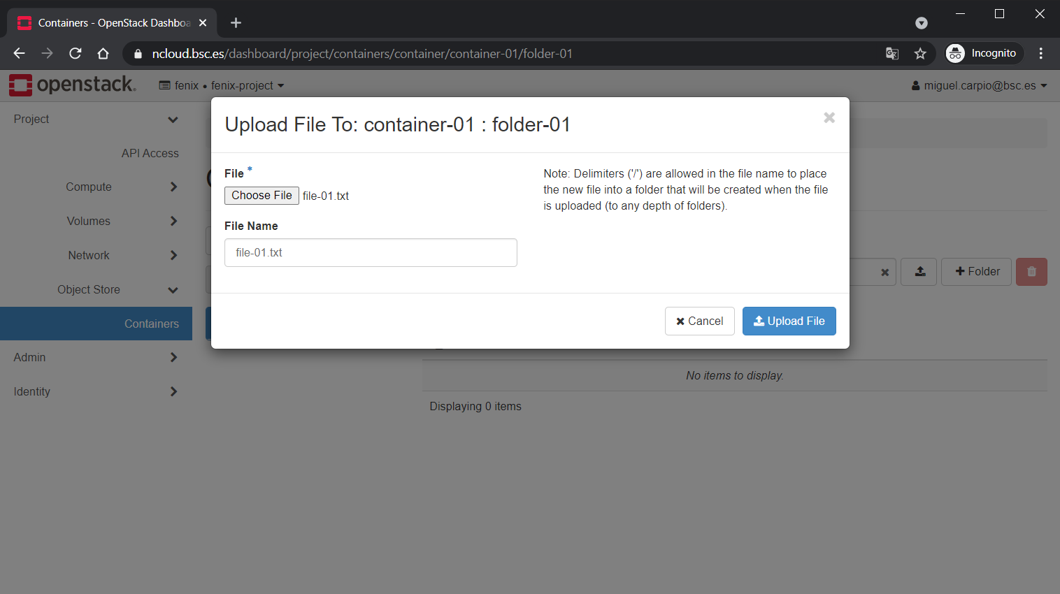 File uploading into a container